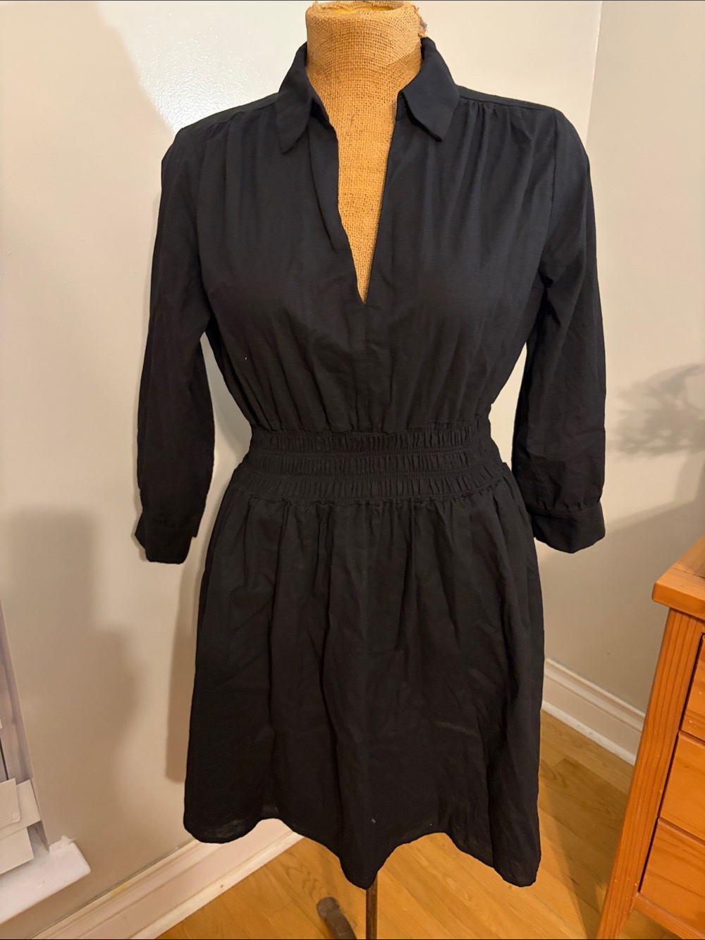 Wildflowers Black Collared Smocked-Waist Long Sleeve Dress